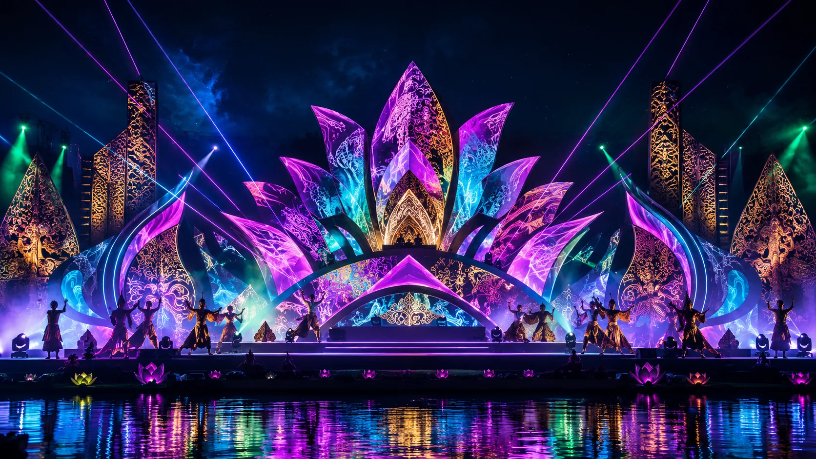 Conceptual visual of colourful light and architectural installations at a night festival